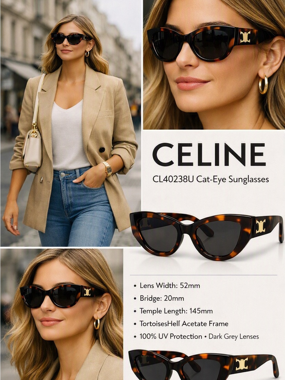 Celine CL40238U Cat‑Eye Sunglasses – Tortoiseshell Acetate Frame